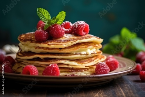 Plate with tasty thin pancakes or crepes on kitchen table  AI Generative