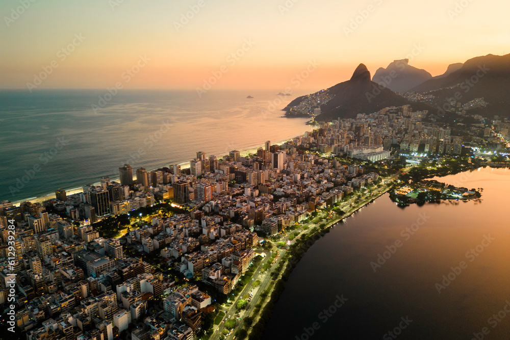 View of Ipanema and Leblon District Buildings and Mountains by Sunset in Rio de Janeiro, Brazil