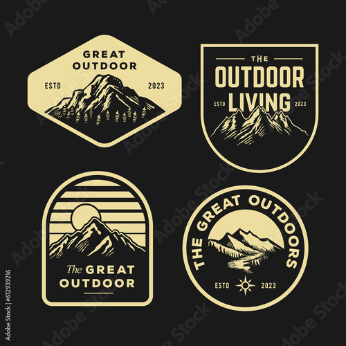 set collection of vintage adventure badge. Camping emblem logo with mountain illustration in retro hipster style.	