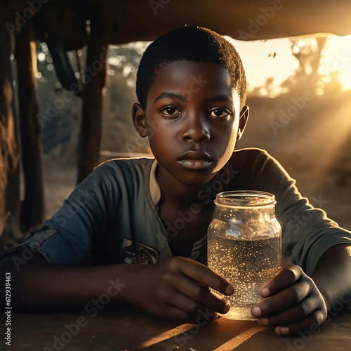 Portrait of African boy with jar of water for drink. Problem of fresh and clean water in African countries, Photo created with generative AI technologies photo