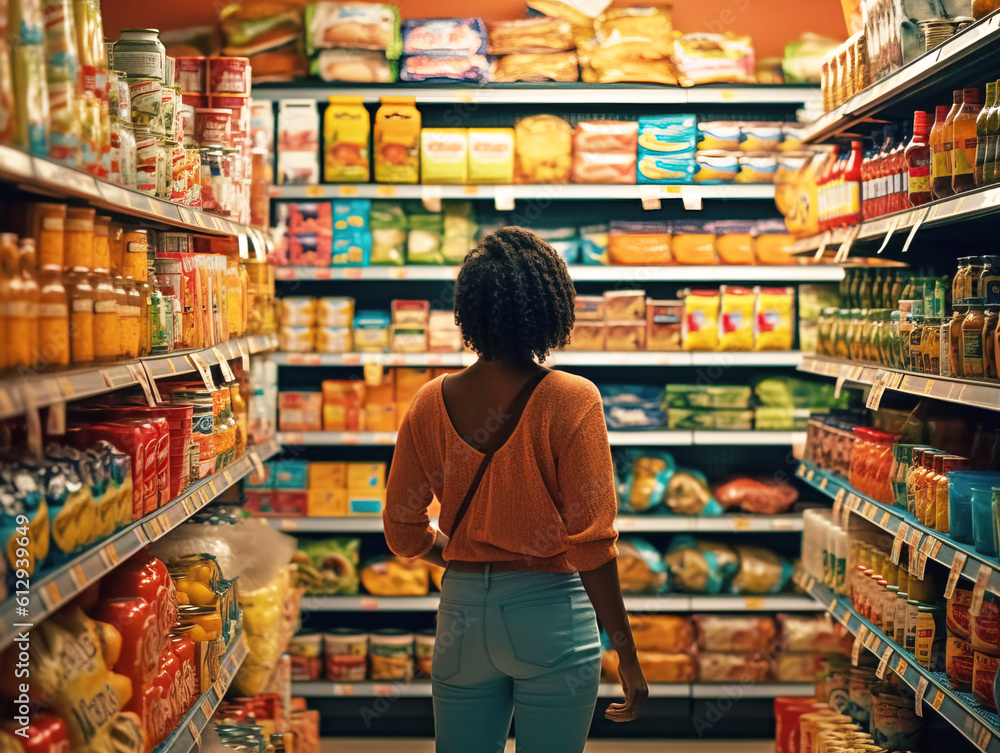 Candid photo of an African American woman shopping for packaged goods at the grocery store with a shopping cart, generative ai