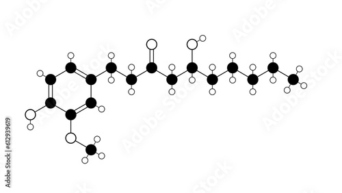 gingerol molecule, structural chemical formula, ball-and-stick model, isolated image phenolic phytochemical compound