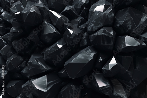 Fototapeta Naklejka Na Ścianę i Meble -  3d render, abstract black crystal background, faceted texture, macro panorama, wide panoramic polygonal wallpaper, generative ai