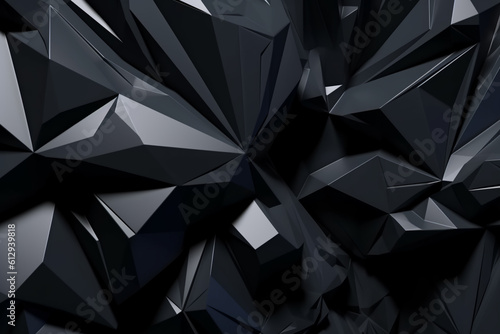 Fototapeta Naklejka Na Ścianę i Meble -  3d render, abstract black crystal background, faceted texture, macro panorama, wide panoramic polygonal wallpaper, generative ai