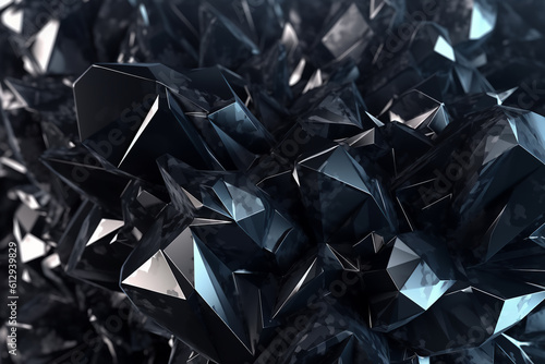 Fototapeta Naklejka Na Ścianę i Meble -  3d render, abstract black crystal background, faceted texture, macro panorama, wide panoramic polygonal wallpaper, generative ai