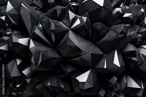 Fototapeta Naklejka Na Ścianę i Meble -  3d render, abstract black crystal background, faceted texture, macro panorama, wide panoramic polygonal wallpaper, generative ai
