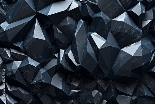 Fototapeta Naklejka Na Ścianę i Meble -  3d render, abstract black crystal background, faceted texture, macro panorama, wide panoramic polygonal wallpaper, generative ai