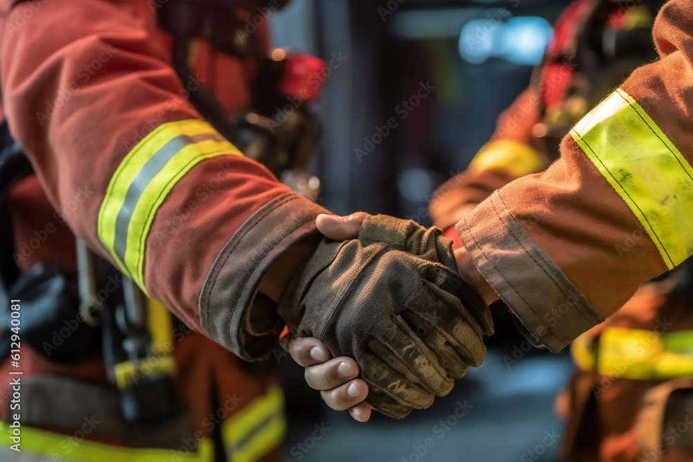 Friendly handshake of two firemen. Generative AI