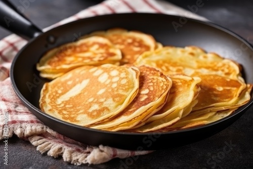 Plate with tasty thin pancakes or crepes on kitchen table, AI Generative