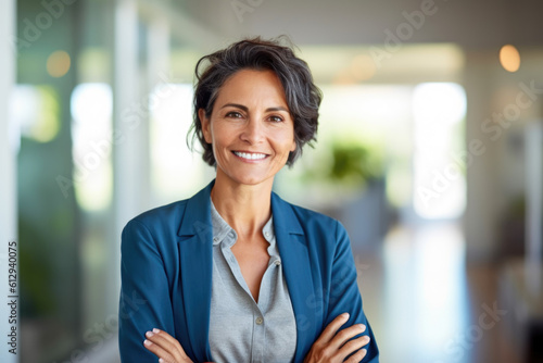 Smiling businesswoman standing on street and looking at camera Generative AI photo