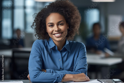 Smiling ethnic woman working in office Generative AI