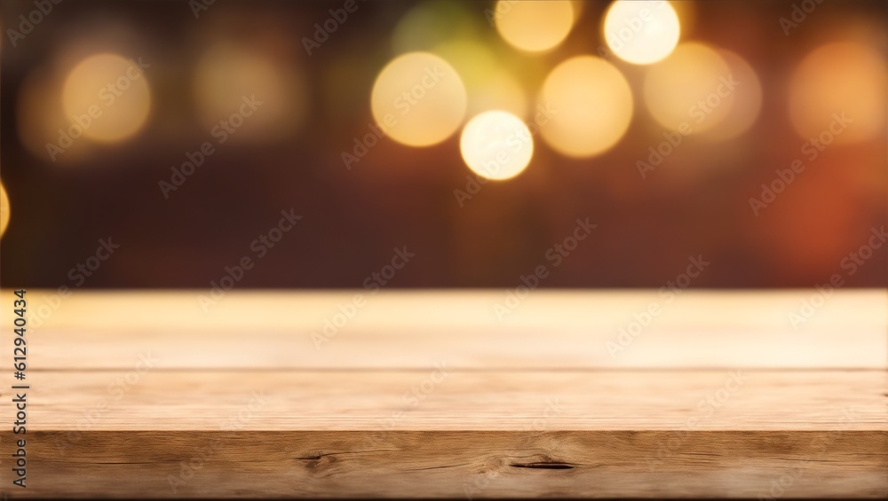 Empty wooden table top with bokeh lights on blurred, generative ai
