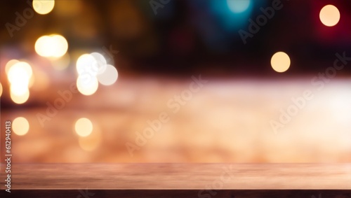 Empty wooden table top with bokeh lights on blurred  generative ai