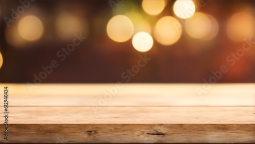 Empty wooden table top with bokeh lights on blurred, generative ai