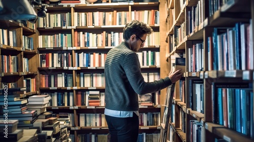 Small Business Owner Curating Books in Contemporary Bookstore. Generative AI.