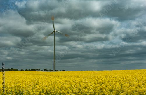 windmill on a field of blooming rapeseed, propeller in motion