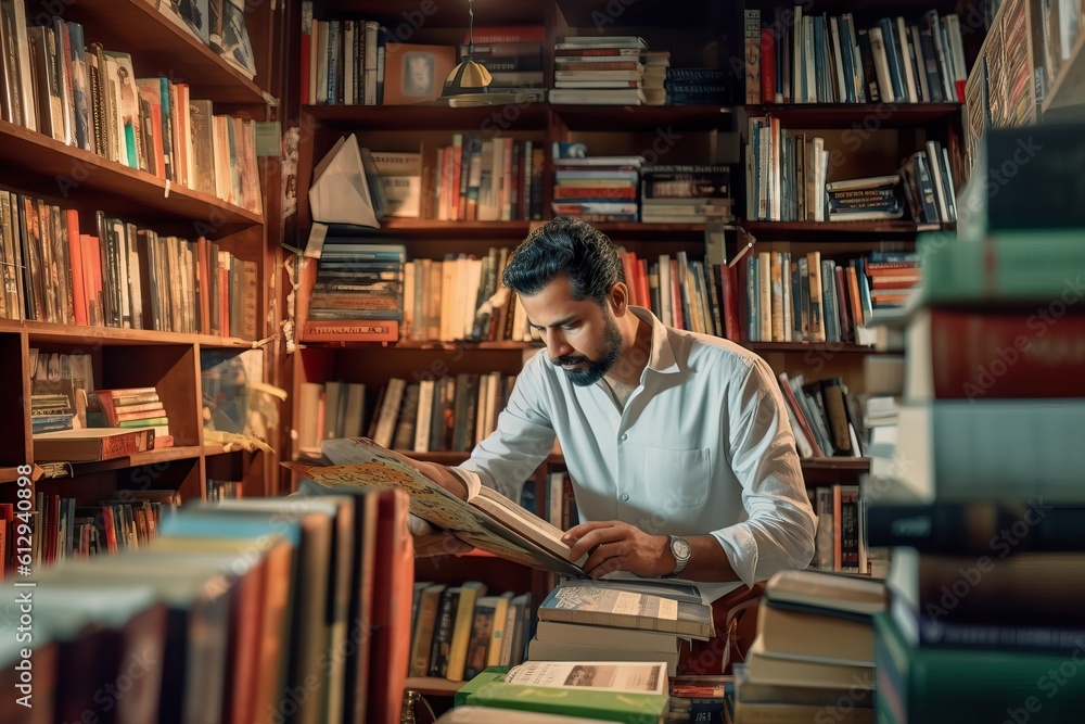 Small Business Owner Curating Books in Contemporary Bookstore. Generative AI. Small Business Owner Curating Books in Contemporary Bookstore. Generative AI.