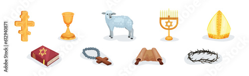 Religious Christian Signs and Symbols with Cross, Lamb, Goblet and Menorah Vector Set