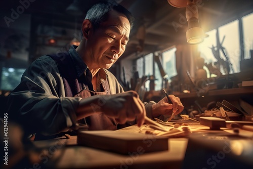 Passionate small business male owner crafting furniture in a modern woodworking workshop. Generative AI.