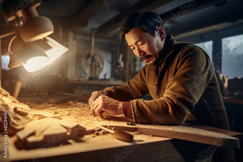 Passionate small business male owner crafting furniture in a modern woodworking workshop. Generative AI.