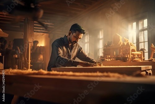 Passionate small business male owner crafting furniture in a modern woodworking workshop. Generative AI.