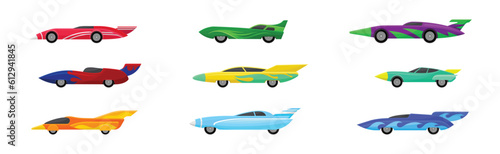 Different Colorful Sport Racing Car Side View Vector Set