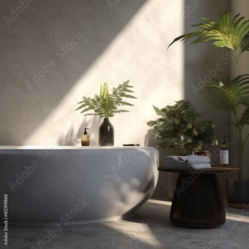 White round side table, bathtub, counter, and tropical plant in modern and luxury bedroom with sunlight and leaf shadow on granite tile wall for personal care and toiletries " ai genarated "