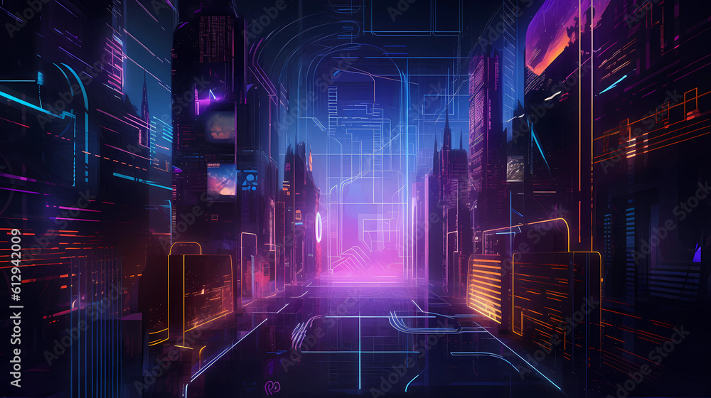 High-tech futuristic concept illustration, abstract composition, digital art, cyberpunk aesthetic, neon lights, glowing lines, dark background, circuit board patterns