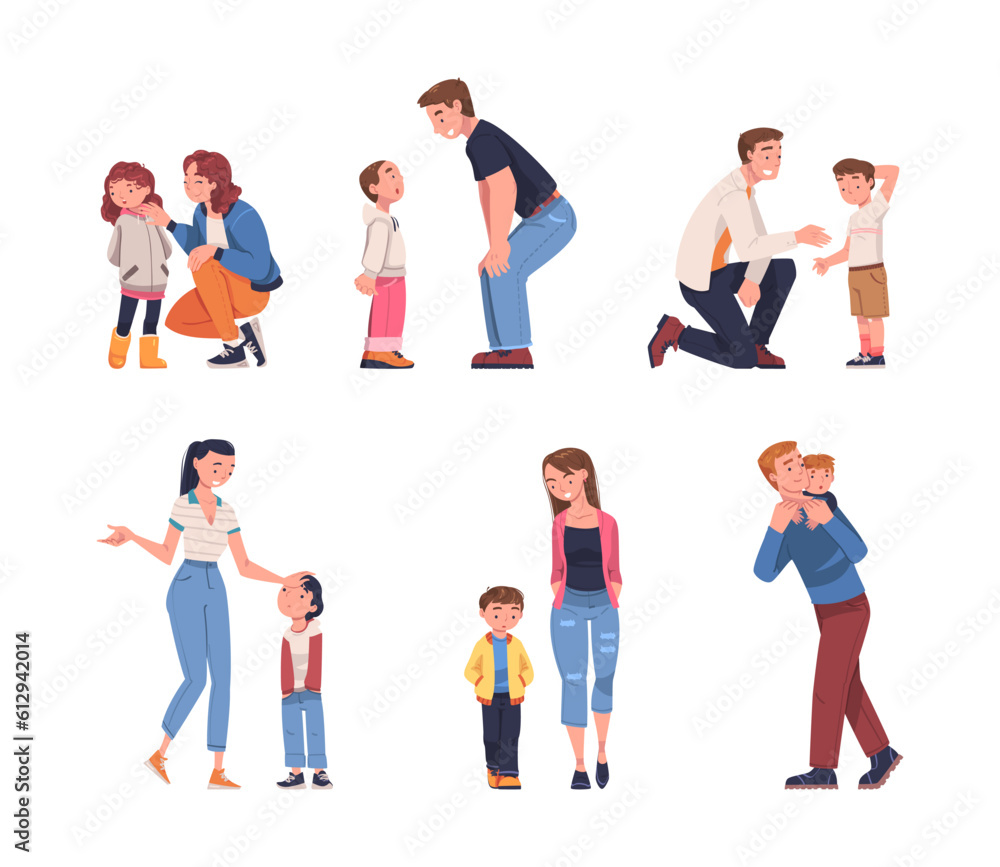 Mother and Father Talking to Their Child Supporting and Soothing Him Vector Set