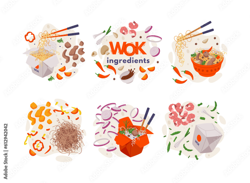 Wok Ingredients and Asian Food with Noodles in Carton Box Vector Composition Set Wok Ingredients and Asian Food with Noodles in Carton Box Vector Composition Set