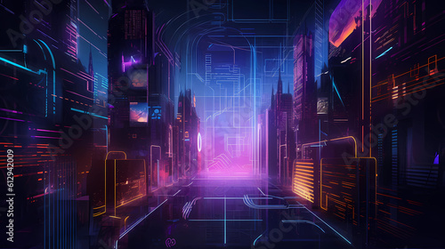 High-tech futuristic concept illustration, abstract composition, digital art, cyberpunk aesthetic, neon lights, glowing lines, dark background, circuit board patterns © techstock