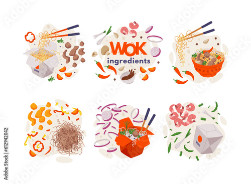 Wok Ingredients and Asian Food with Noodles in Carton Box Vector Composition Set