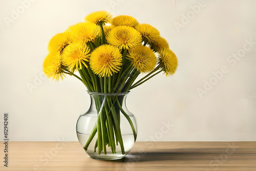 Dandelion bouquet in a vase on an off-white background
