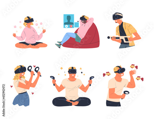 Man and Woman Wearing Virtual Reality Headset Immersed in Abstract VR World Vector Set