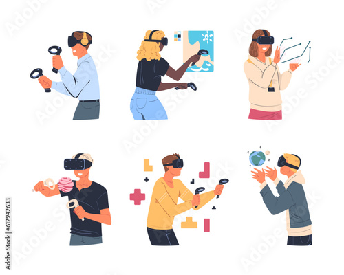 Man and Woman Wearing Virtual Reality Headset Immersed in Abstract VR World Vector Set