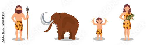 Stone Age People in Animal Skin with Mammoth Animal Vector Set