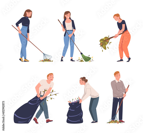 People Volunteers Cleaning Picking up Garbage and Foliage in Bag Vector Set
