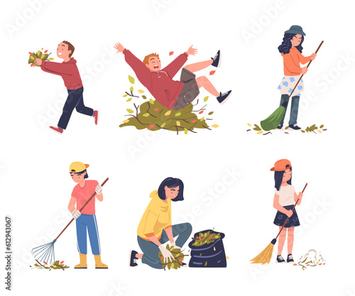 People Volunteers Cleaning Picking up Garbage and Foliage in Bag Vector Set