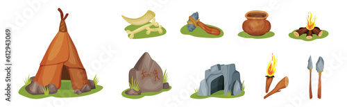 Stone Age Objects with Fire, Tent, Cave, Bowl and Weapon Vector Set