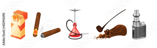 Smoking Objects with Cigarette Pack, Cigar, Hookah, Pipe and Vape Vector Set