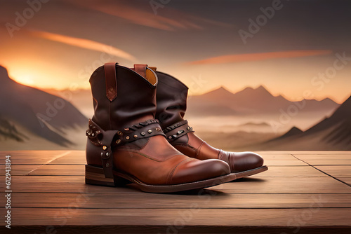 Cowboy shoes on wooden table, created with Generative AI technology