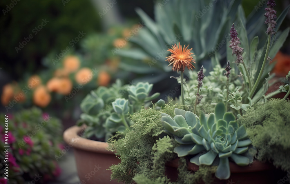 Orange flower in a potted plant in the garden created with Generative AI technology Orange flower in a potted plant in the garden created with Generative AI technology