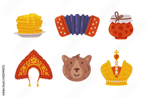Russian Symbol with Accordion, Jam, Mitre, Blini, Bear and Kokoshnik Vector Illustration Set