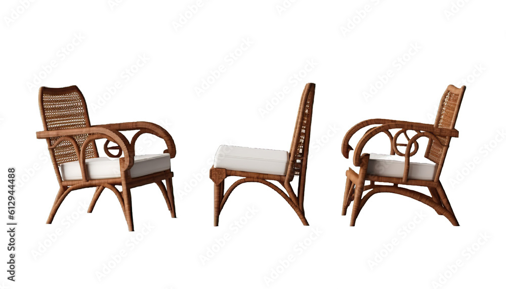 Front and side views of rotan wood chairs. set of decor items furniture isolated on transparent or white background Front and side views of rotan wood chairs. set of decor items furniture isolated on transparent or white background