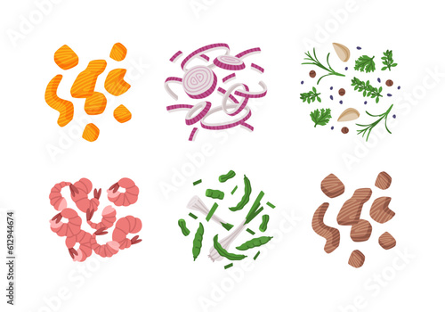 Different Wok Asian Food Ingredient Vector Illustration Set