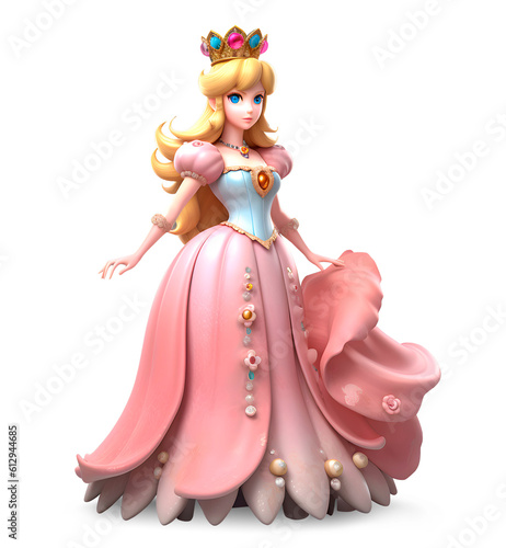 Beautiful Princess dressed in peach dress on white background, kingdom concept, 3D illustration, generative ai