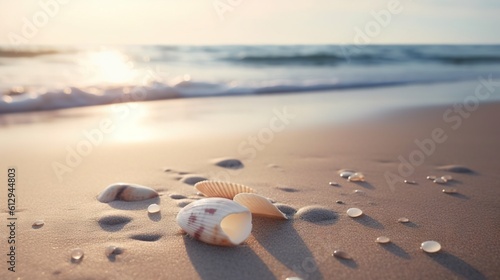  a seashell on a sandy beach with the sun shining in the background.  generative ai