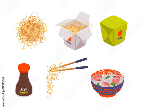 Different Wok Asian Food Ingredient Vector Illustration Set