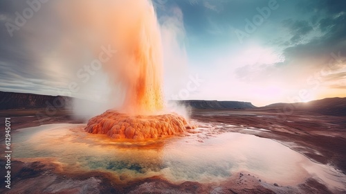 Fotografia a geyser spewing out water into the sky.  generative ai