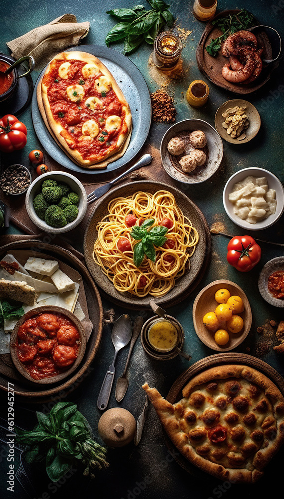 Mesa completa de comidas italianas en platos Pizza, ravioli, carpaccio. ensalada caprese y bruschetta de tomate sobre fondo negro. Vista superior.IA generada.